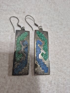 Vintage Mexico Alpaca Crushed Turquoise Lapis Mosaic Rectangle Dangle Earrings